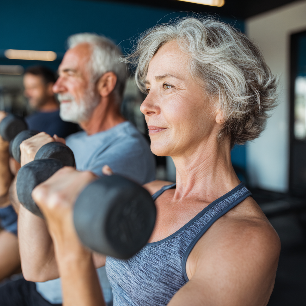Mature adults engaging in strength training exercises at modern fitness facility
