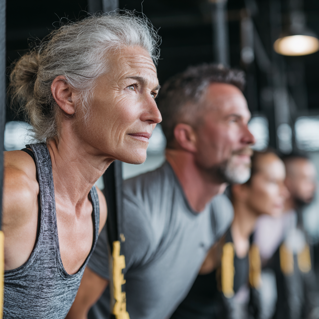 Middle-aged adults performing functional fitness exercises with professional trainer guidance
